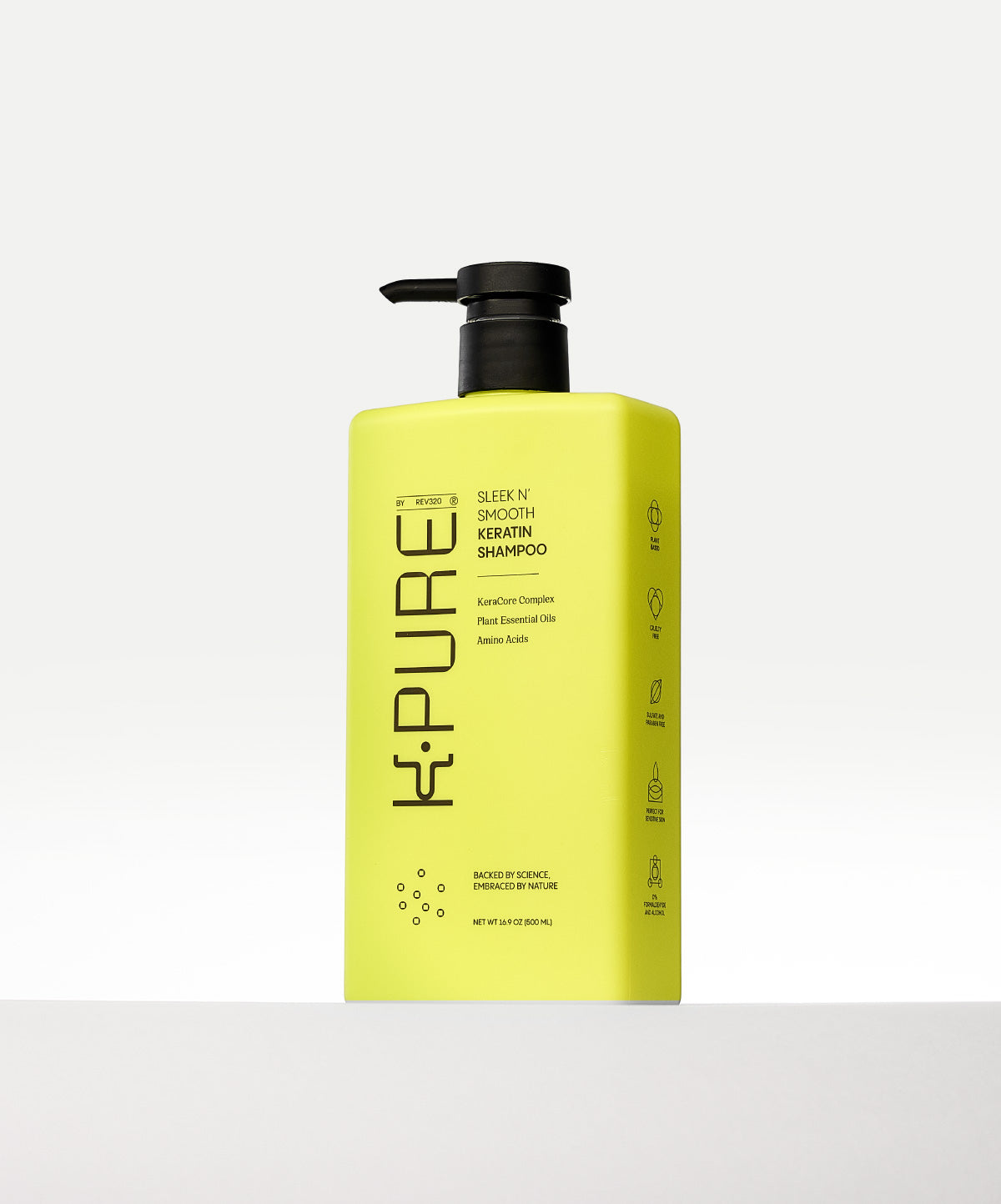 Product banner for Kpure sleek n' smooth keratin shampoo with plain white background