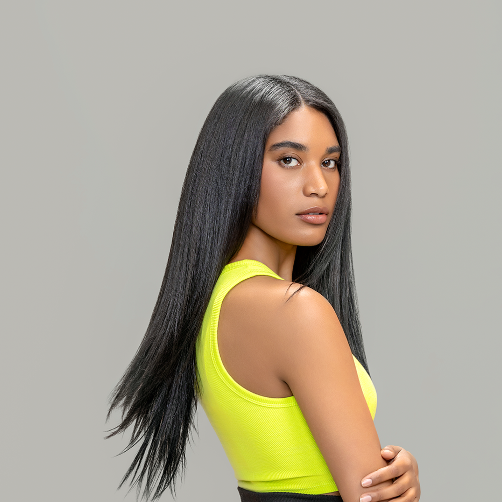 Kpure model with natural black straight hair