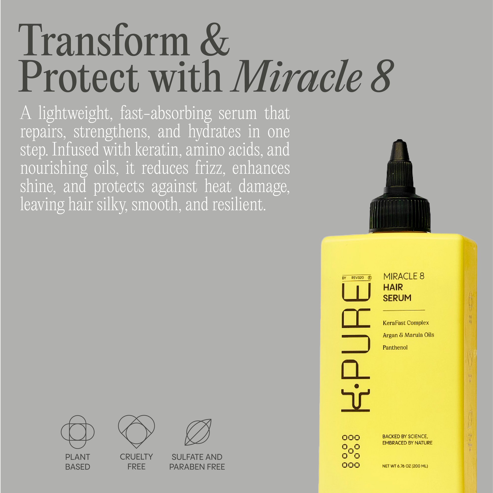 Kpure banner with product description for miracle 8 hair serum