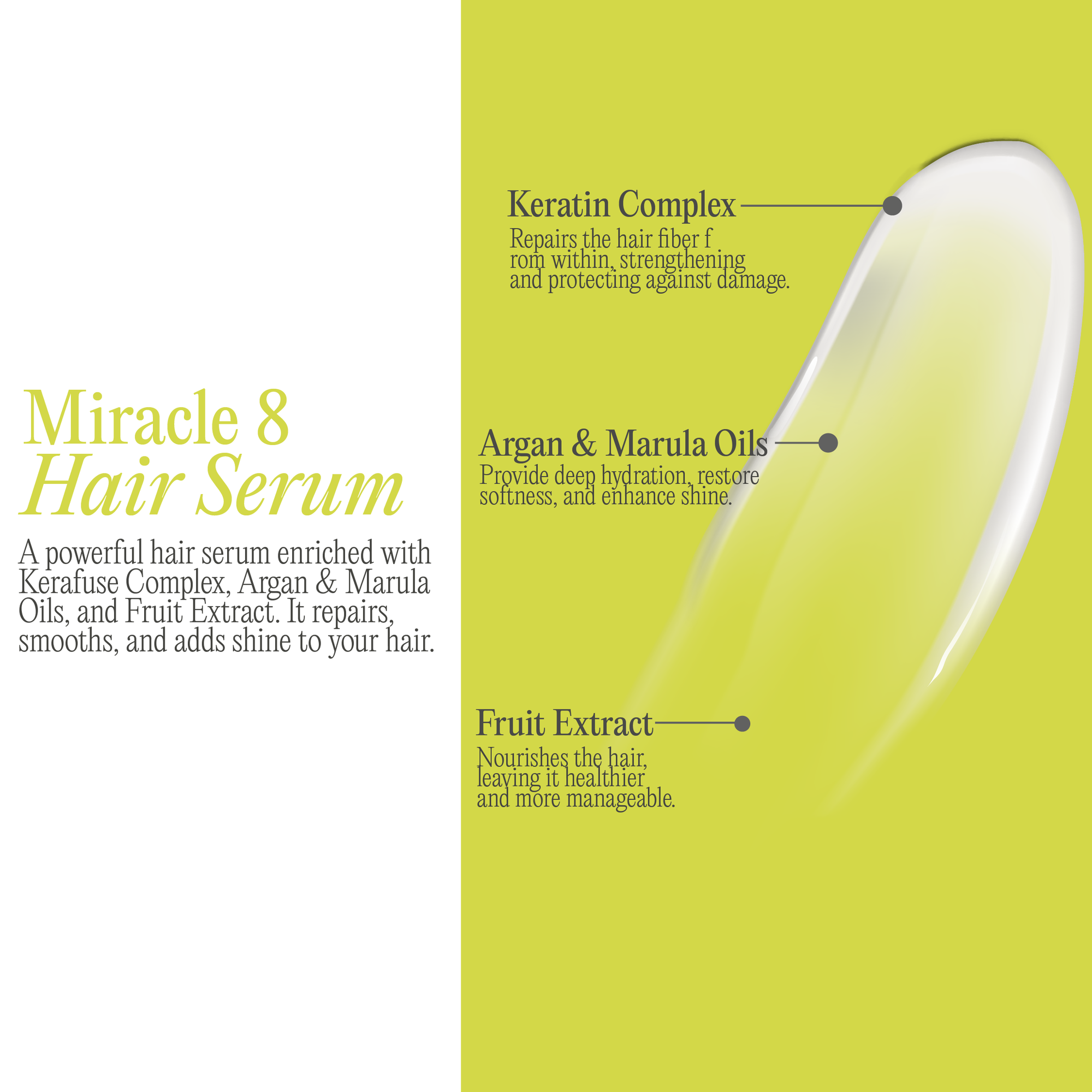 Product banner for miracle 8 hair serum with a list of its benefits from Kpure