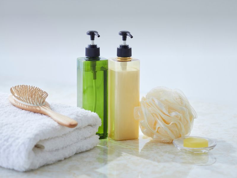 Bathroom Essentials with Keratin Shampoo and Conditioner Bottles