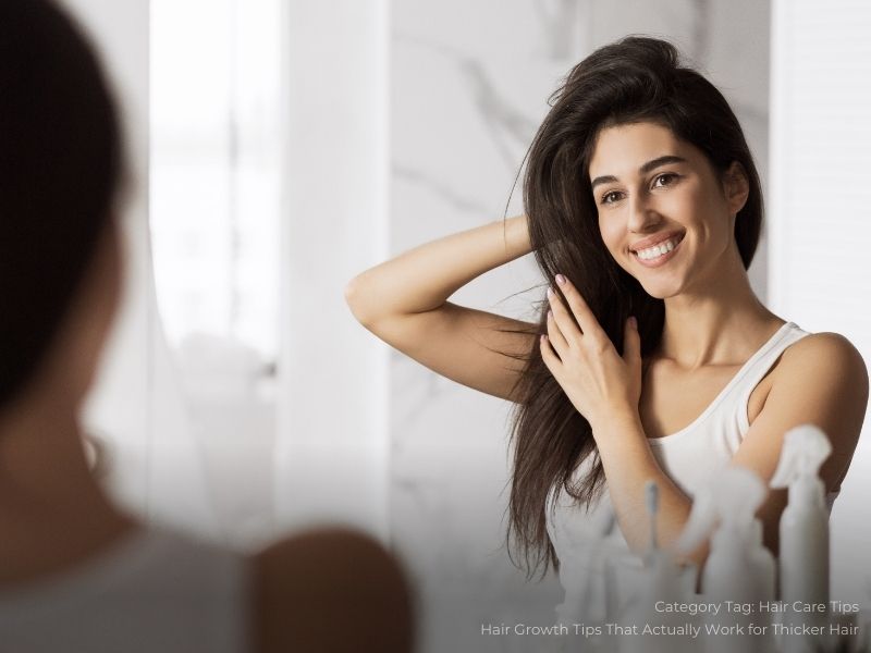 A woman looking herself at the mirror doing hair care routine
